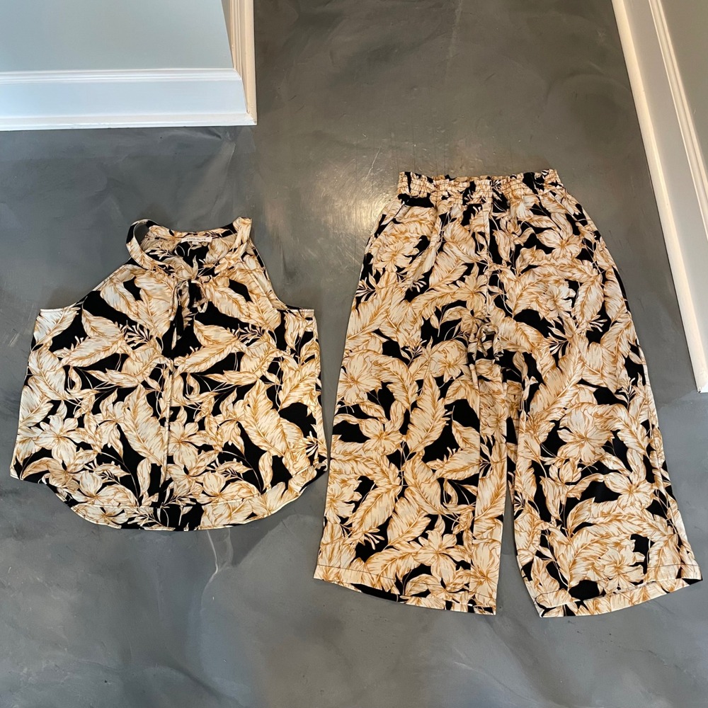 Rose & Olive Women's L Tropical Leaf Print Halter Top Wide Leg Pants Set Black